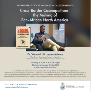 Book launch poster for "Cross-Border Cosmopolitans: The Making of Pan-African North America" with Dr. Wendell Nii Laryea Adjetey